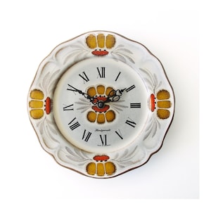 West German Ceramic Wall Clock: Hand-Painted Floral Design, 1970s MCM