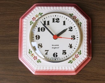 Pink and Off White Mid Century ceramic Wall Clock, Hand Painted Floral decor, Germany.