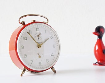 JUNGHANS Red and White Mid Century Metal Alarm Clock, made in Germany