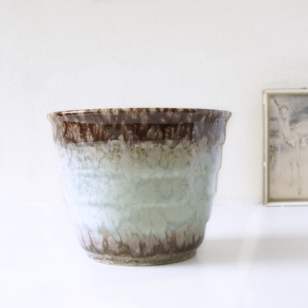 Large Mid Century Flower Pot in sea Green and Brown, West German Pottery