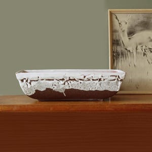 Puede incluir: Una jardinera rectangular de cerámica con la parte superior blanca y una base marrón texturizada. La jardinera se exhibe sobre una superficie de madera, con una impresión de ciervo enmarcada en el fondo. Diseñada para uso interior o exterior.