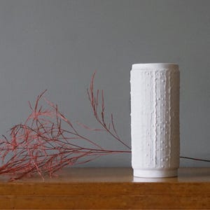May include: A white ceramic vase with a textured, dotted surface. The cylindrical vase is set on a wooden surface, with reddish-brown ornamental grass to the left. The background is a solid grey.