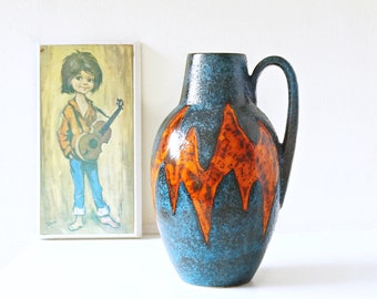 SCHEURICH Large Turquoise/Blue and Orange Mid Century Fat Lava Vase, West German Pottery