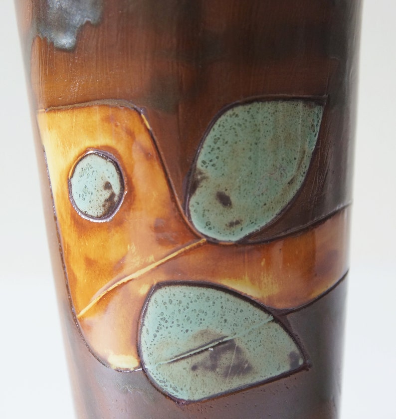 POTTERS Keramiek, Brown Mid Century Vase, Fish decor, Dutch Studio Pottery image 2