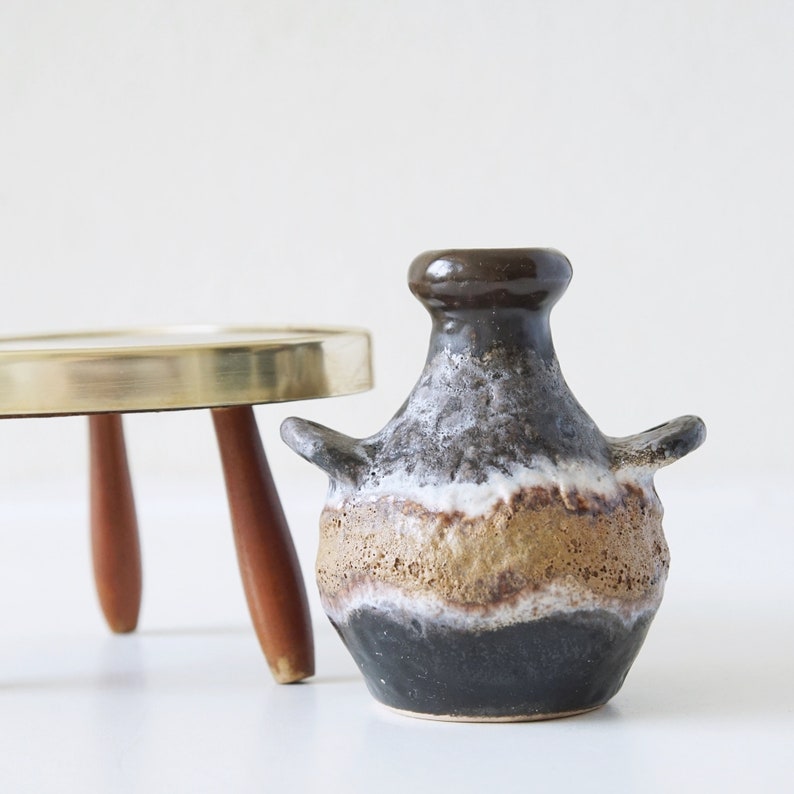 Brown and Beige Mid Century Fat Lava Vase, With Small Fifties Wooden Side Table. West German Pottery image 3