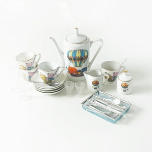 Mid Century Porcelain Children&#39;s Tableware, Air Balloon and Animal Decor, vintage pottery