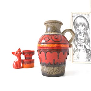 Tall Scheurich Mid Century Fat Lava Vase|  West German Pottery | Orange & Red decor