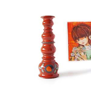 Portavelas rojo Staffel Keramik: Cerámica floral de Alemania Occidental de la década de 1960.