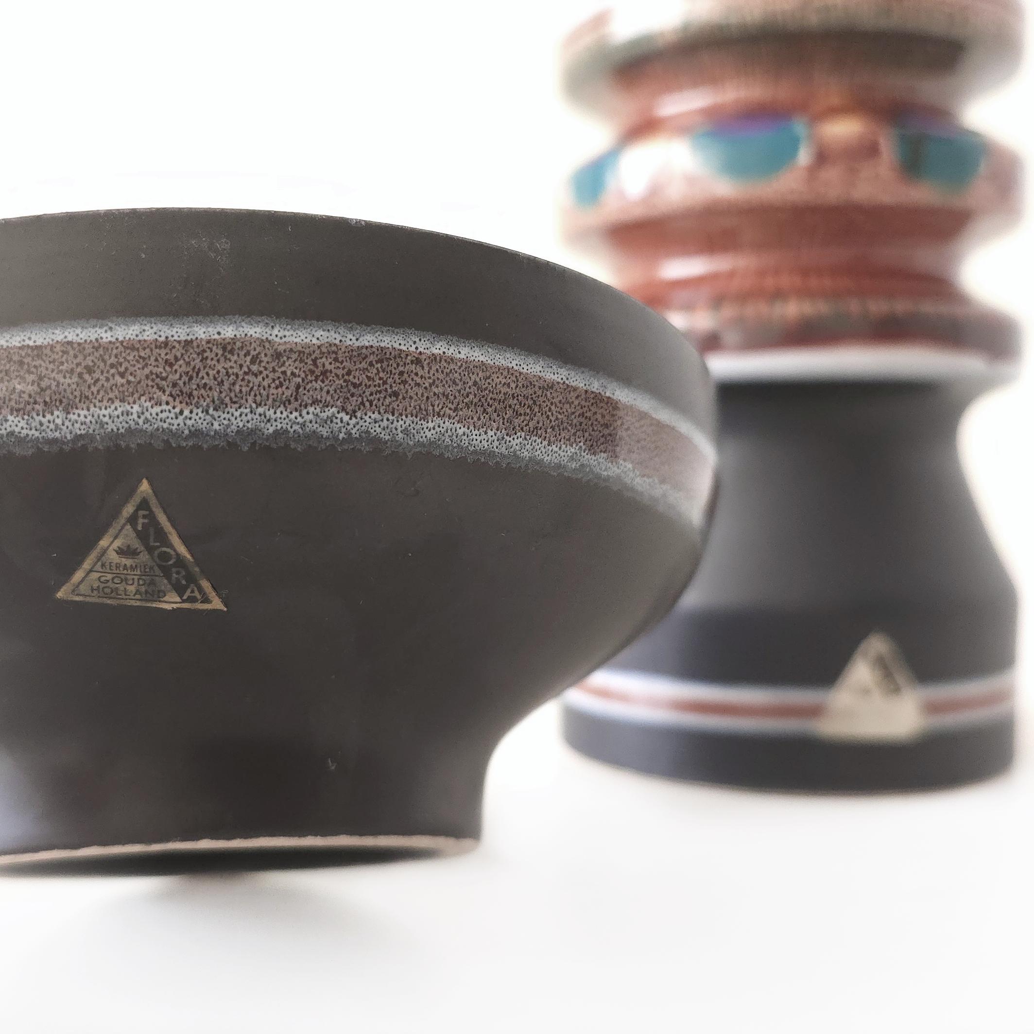 Flora Gouda Vase & Bowl | 1970s Dutch Pottery | “nora” Drip Glaze