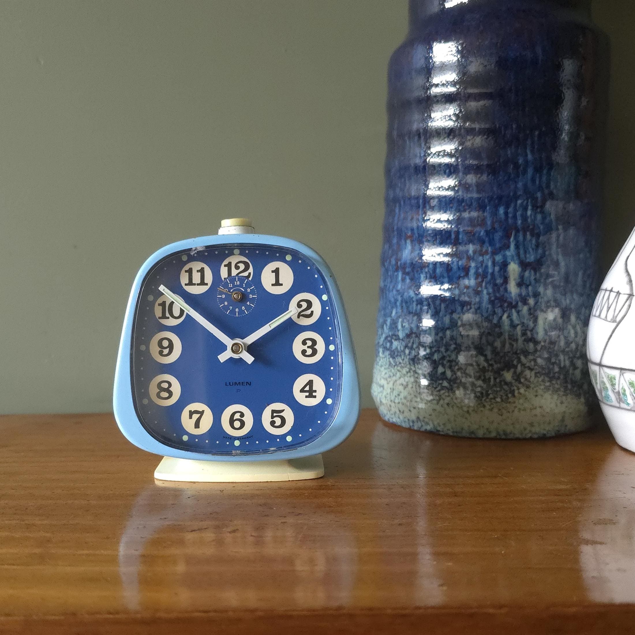 Mid Century Lumen Alarm Clock, Blue Table Clock, Made in Germany