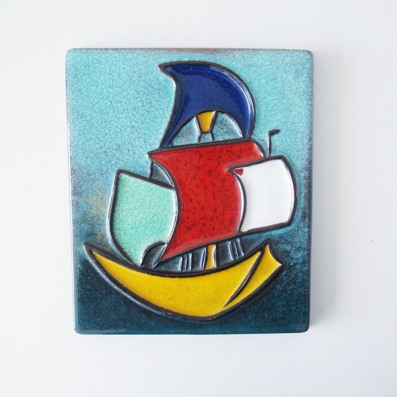 BÜCKEBURG Colorful Mid Century Wall Plaque, Sailboat decor by Helge Pfaff, West German Pottery image 1