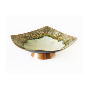 Mid Century Enamel Dish – 1960s West German Bowl – Yellow and Green Footed Bowl – Vintage MCM Kitchen Decor – Retro Enamelware