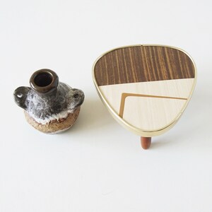 Brown and Beige Mid Century Fat Lava Vase, With Small Fifties Wooden Side Table. West German Pottery image 4