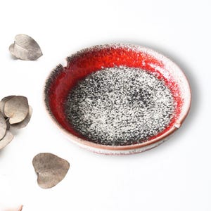 Può includere: Un piccolo posacenere rotondo in ceramica con interno rosso e centro maculato bianco e nero. Il bordo è di un colore più chiaro e il posacenere ha una piccola tacca. Foglie secche sparse attorno al posacenere su sfondo bianco.