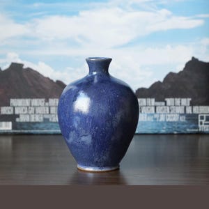 Può includere: Un vaso in ceramica blu cobalto fatto a mano, con un corpo arrotondato e un collo stretto. Il vaso ha una finitura lucida e poggia su una superficie di legno scuro. Un poster cinematografico è sullo sfondo.