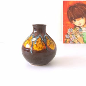 BERTONCELLO, Brown Mid Century Vase, Orange, Blue and Yellow decor,  Italian Pottery