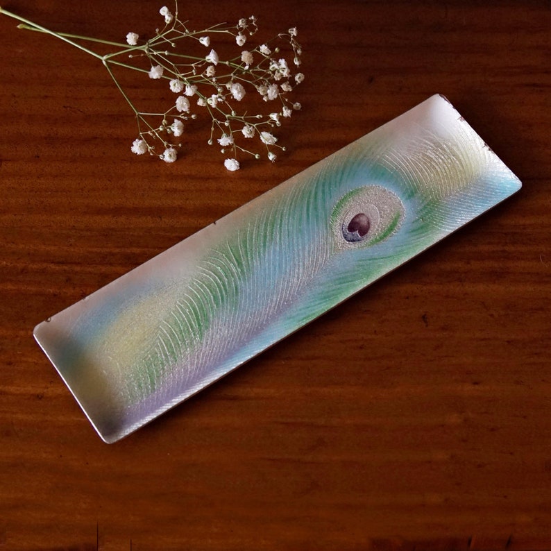 Enamel Mid Century Tray Mother of Pearl Peacock Feather decor. image 1