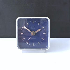Kienzle Cube Clock | 70s German Mid Century Table Clock | Silver & Blue Aluminium