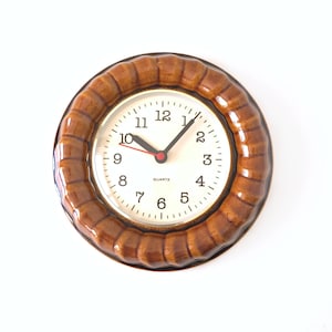 Warm Brown Mid Century ceramic Wall Clock, Abstract Relief decor, Made in West Germany