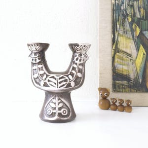 BAY Keramik Candlestick Holder with Bird Relief – Model 97 88 – West German Pottery – Mid Century Modern – Brown & White Ceramic