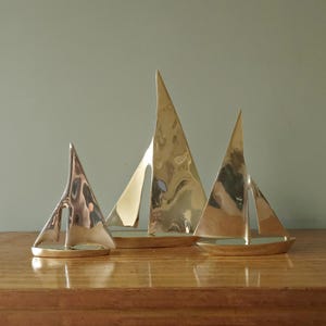 Mid Century Brass Sailboats Set, Nautical Decor, Coastal Figurines