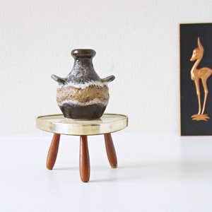 Brown and Beige Mid Century Fat Lava Vase, With Small Fifties Wooden Side Table. West German Pottery image 1
