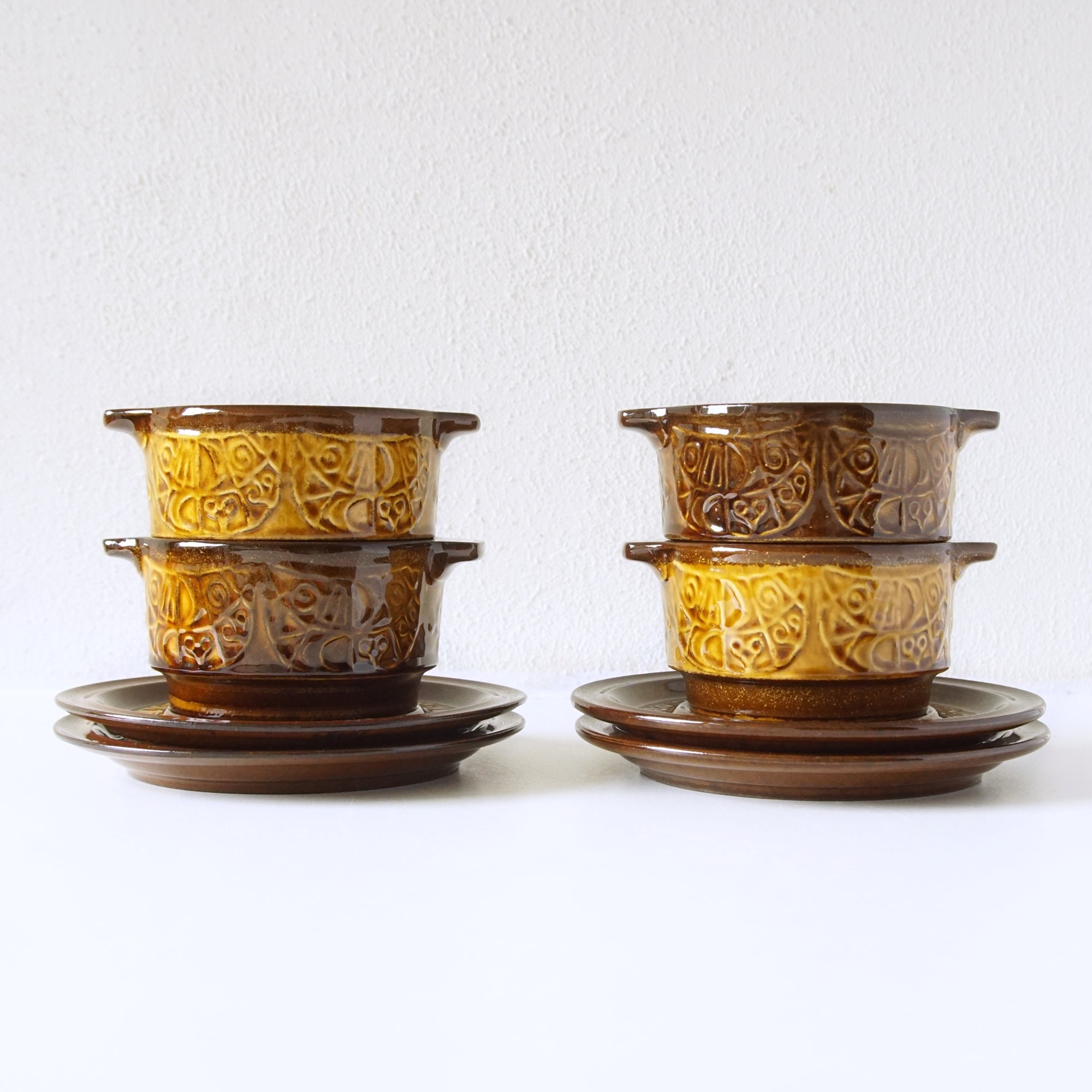 WAKU Set of 4 Brown and Ochre Mid Century Soup Bowls With