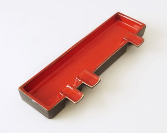 Large Red Rectangular Mid Century Ashtray, European Pottery