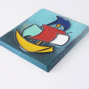 BÜCKEBURG Colorful Mid Century Wall Plaque, Sailboat decor by Helge Pfaff, West German Pottery image 3