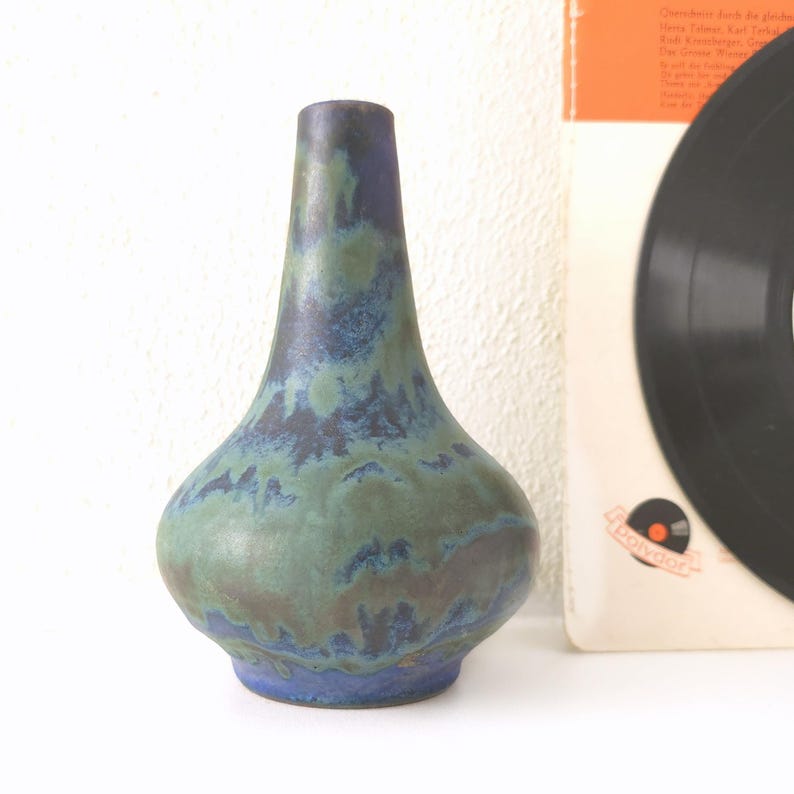 ANTHON LANG, Blue and Green Mid Century Studio Vase, West German