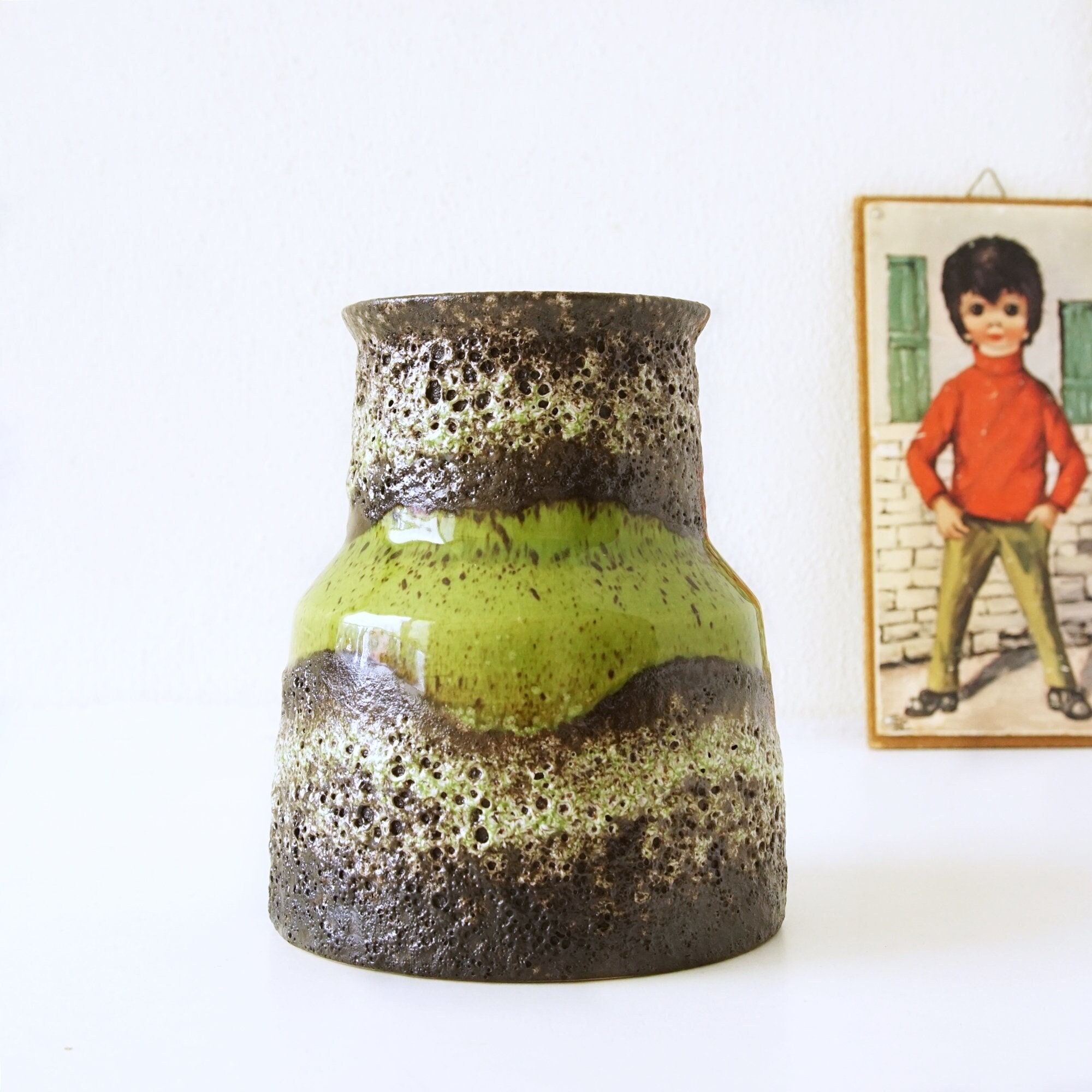 SCHEURICH 215 Green and Brown Mid Century Fat Lava Vase