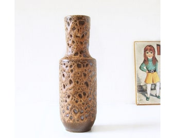 STEULER Tall Brown Mid Century Fat Lava Vase, West German Pottery