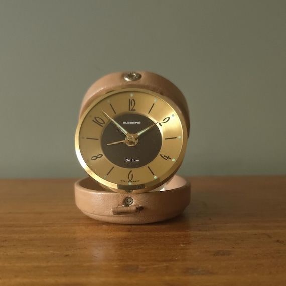 Blessing　ヴィンテージアラーム置時計 Blessing, Mid Century Travel Alarm Clock Germany Leather & Brass