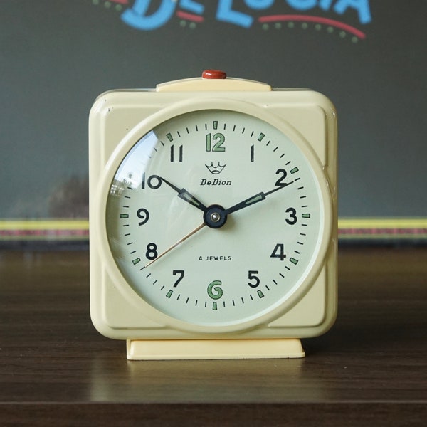 DE DION Soft Yellow Mid Century Alarm Clock, 4 jewels, made in France