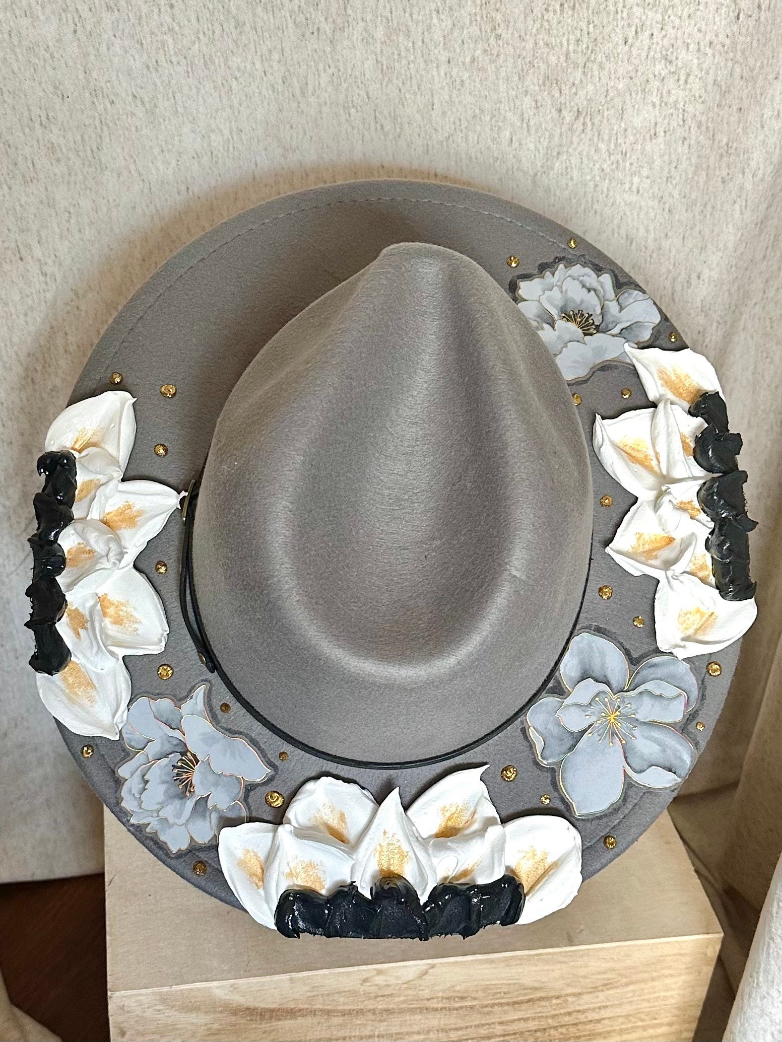 Floral Fedoras, Gray Fedora, Flower Hat, Hand Crafted, Hand  display picture 3