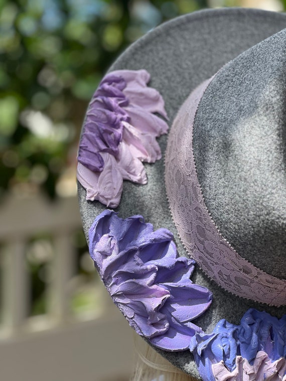 Floral Fedoras, Heather Gray Fedora, Flower Hat, Hand  display picture 3