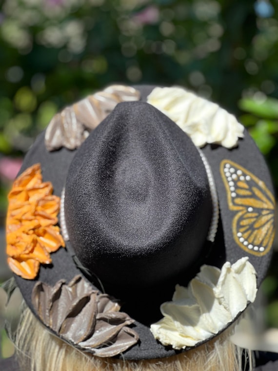Floral Fedoras, Black Fedora, Flower Hat, Hand Crafted, Hand  display picture 3
