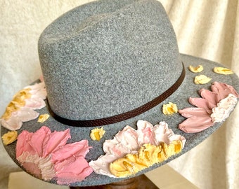 Floral Fedoras, Gray Fedora, Flower Hat, Hand Crafted, Hand  display picture 3