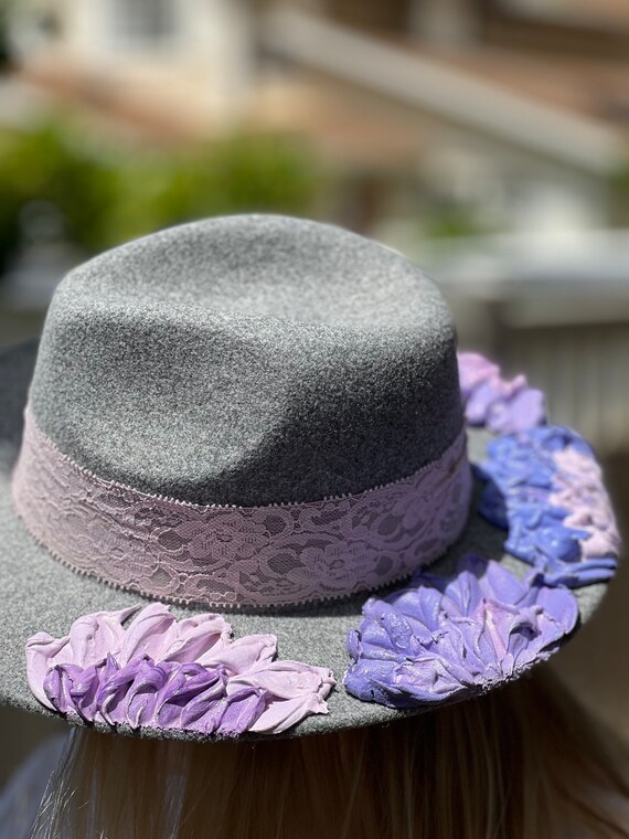 Floral Fedoras, Heather Gray Fedora, Flower Hat, Hand  display picture 2