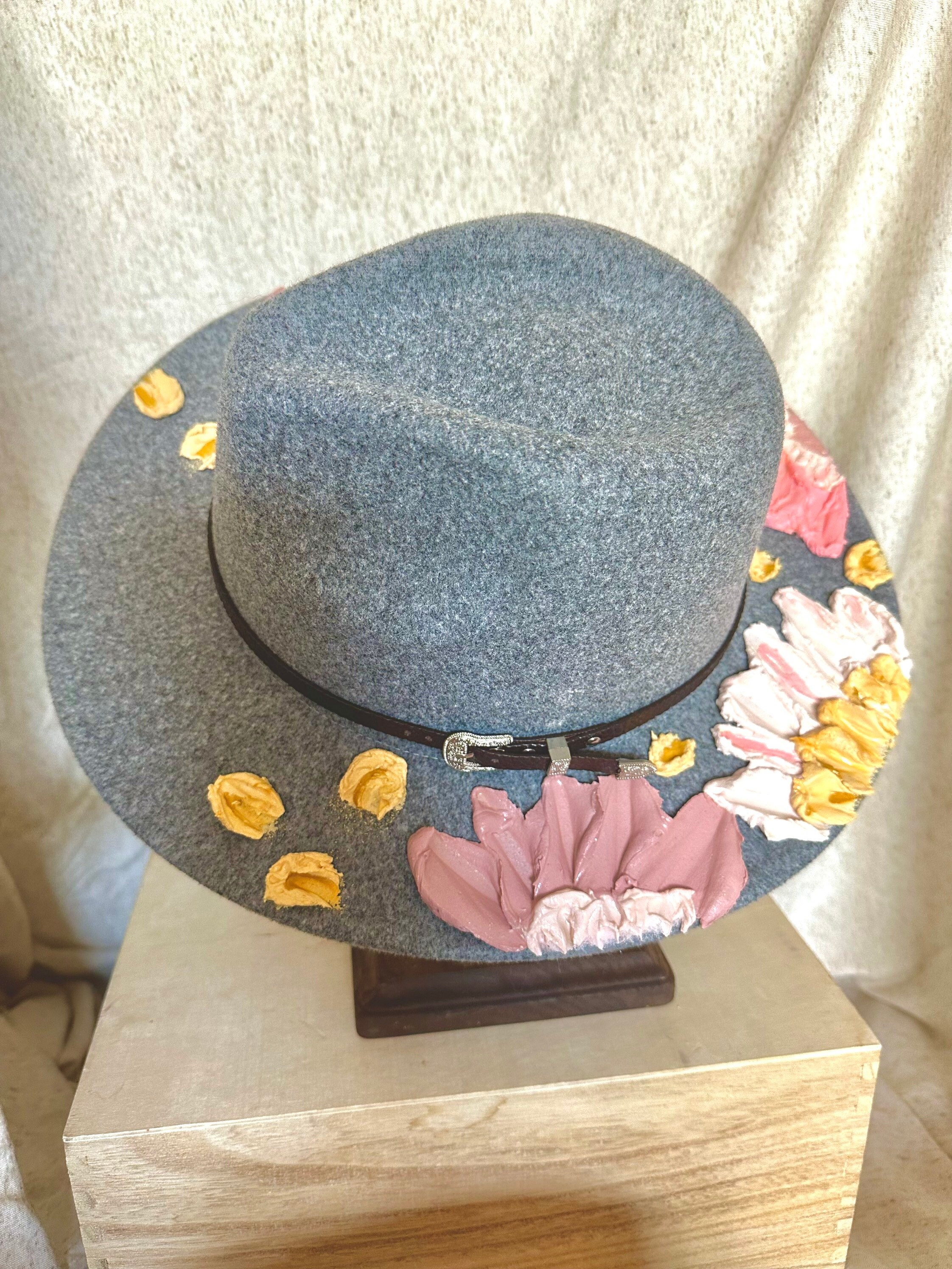Grey fedora hat with large floral pin. Floral Fedoras, Gray Fedora, Flower Hat, Hand Crafted, Hand  main image 4