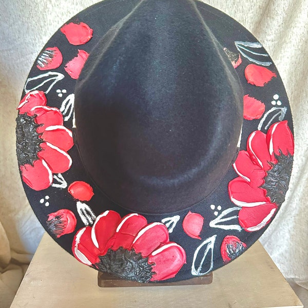 Floral Fedoras, Black Fedora, Flower Hat, Hand Crafted, Hand Painted