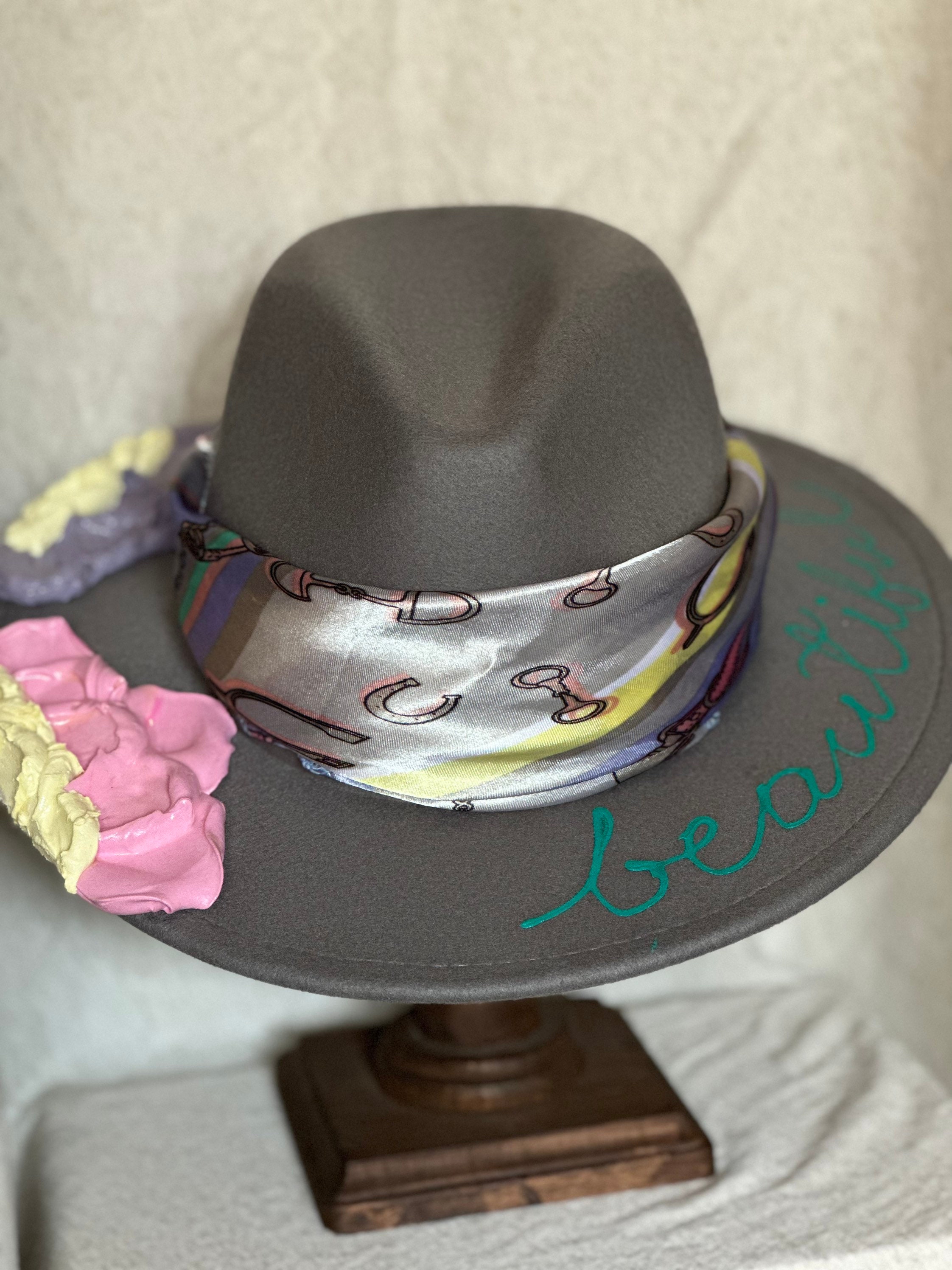 Grey fedora hat with large floral pin. Dried Floral Hat Pins – lostvly main image 2