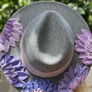 Floral Fedoras, Heather Gray Fedora, Flower Hat, Hand Crafted, Hand Painted