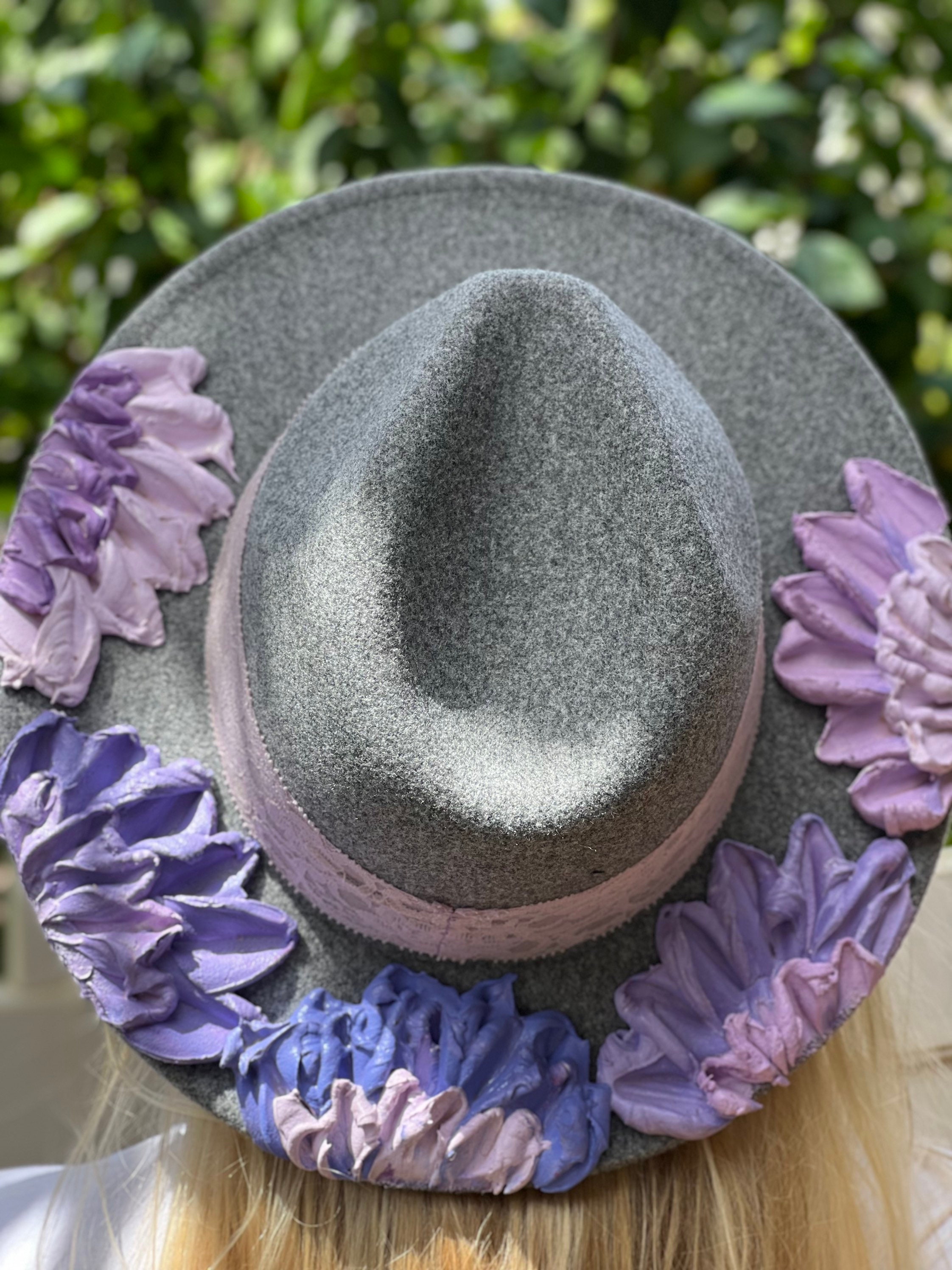Embroidered Floral Gray Felt Fedora Hat - Pink Flower Accent Floral Fedoras, Heather Gray Fedora, Flower Hat, Hand  main image 3