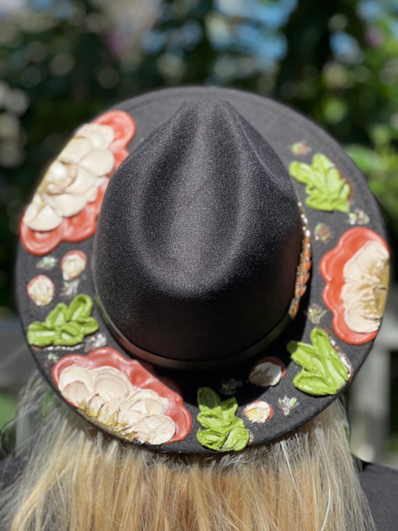 Floral Fedoras, Black Fedora, Flower Hat, Hand Crafted, Hand  display picture 1