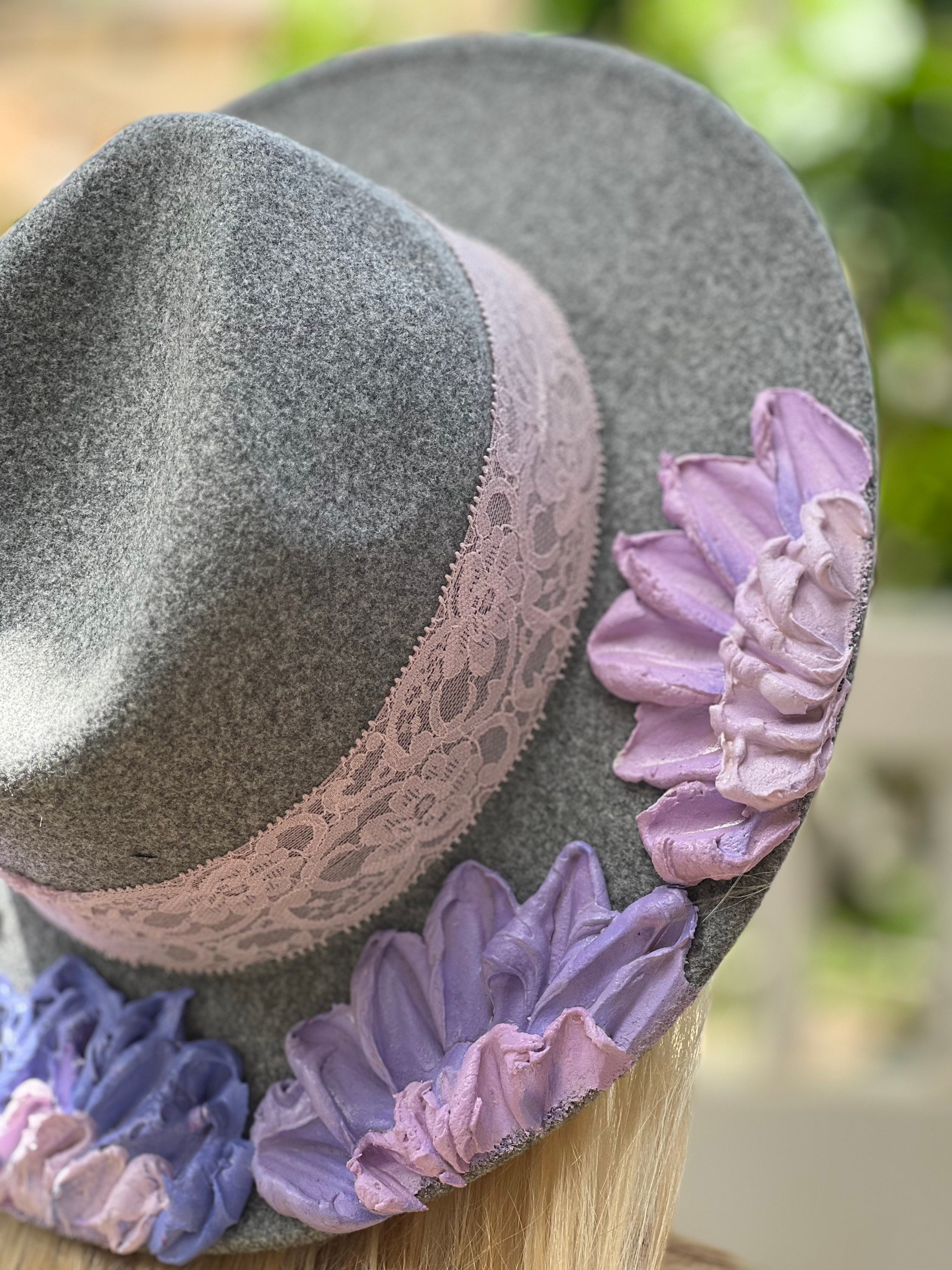 Floral Fedoras, Heather Gray Fedora, Flower Hat, Hand 