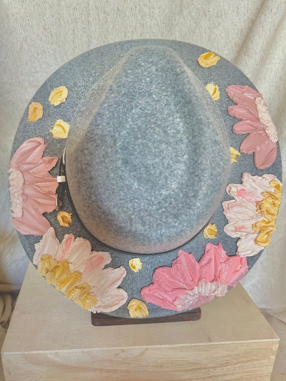 Floral Fedoras, Gray Fedora, Flower Hat, Hand Crafted, Hand  display picture 1
