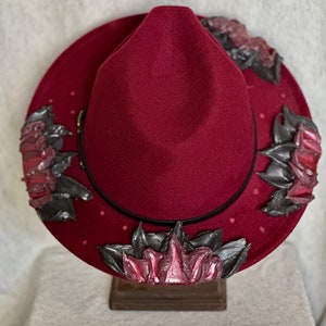 Red Faux Suede Wide Brim Fedora Hat Hand Painted Floral Hibiscus Boho Adjustable Hand Painted Red Fedora Hats - Etsy main image 4