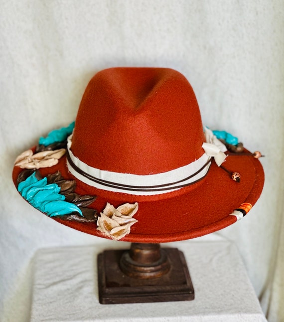 Floral Fedoras, Burnt Orange Fedora, Flower Hat, Hand  display picture 3