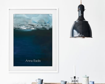 Minimalist abstract art dark blue painting, Minimalism seascape abstract painting, Navy blue landscape abstract, Blue ocean by Anna Radis